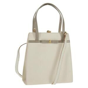 Salvatore Ferragamo Vala Hand Bag Leather 2way White Gold Auth 160802